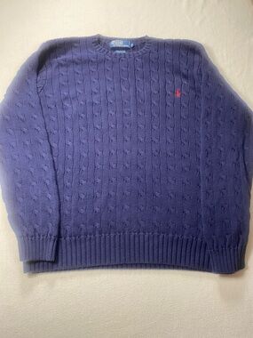 Ralph Lauren Men’s Blue Cable Knit Crewneck Sweatshirt with Red Pony
